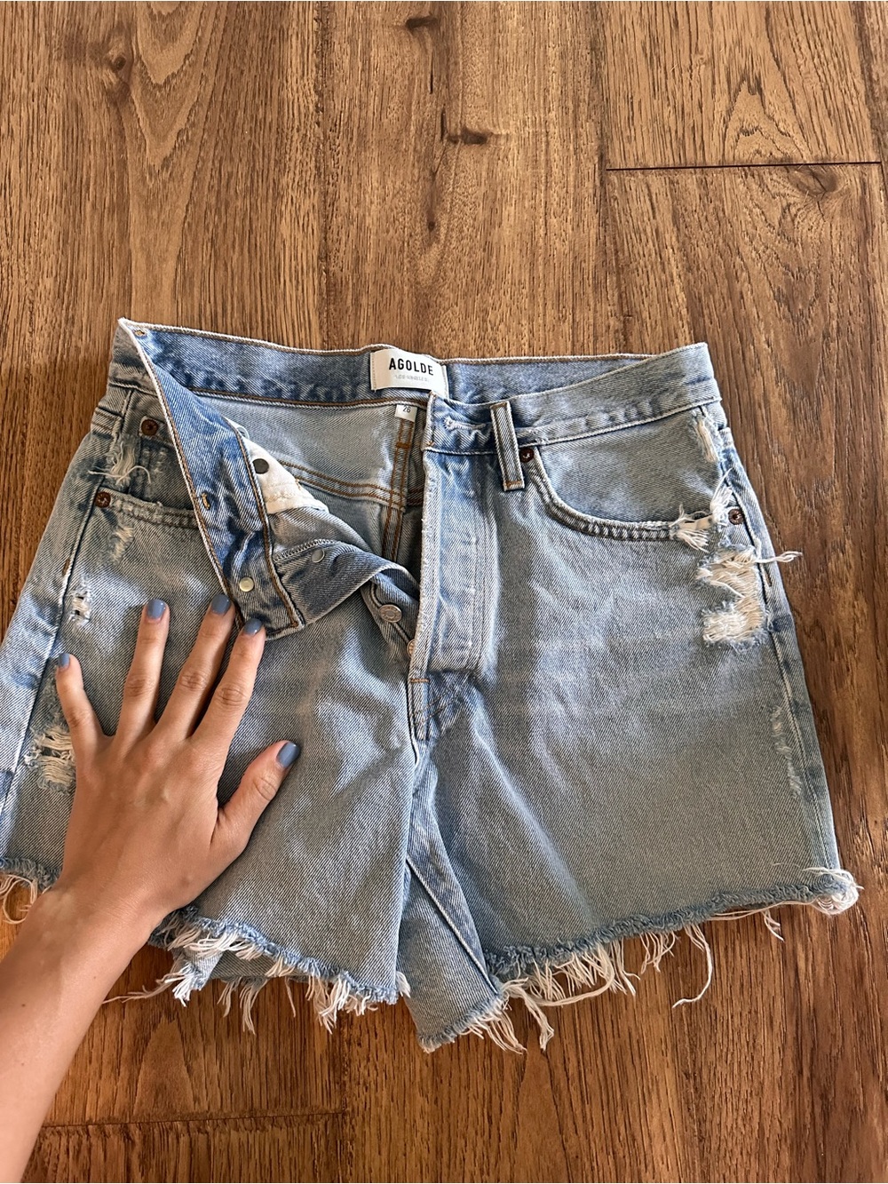 Agolde Light Blue Distressed High-Rise Denim Shorts
